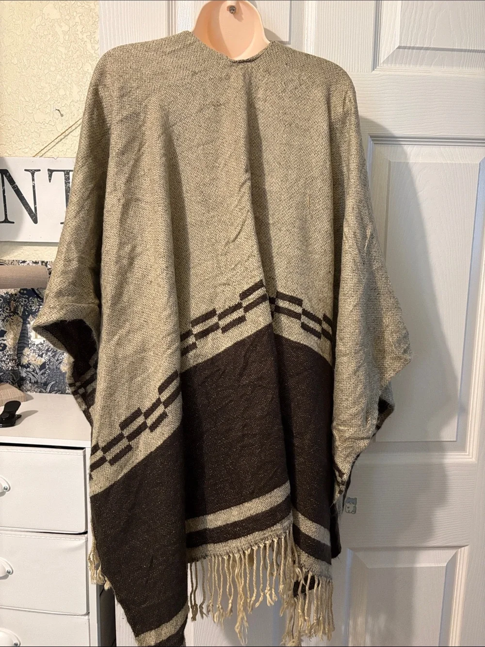 Neutral Brown & Cream Striped Fringed Poncho Wrap or beach coverup